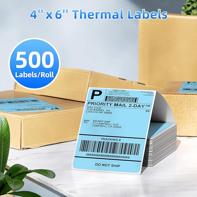 Omezizy 4x6 Thermal Labels, 1 Packs of 500 4x6 Fold Labels Blue - Compatible with JADENS, ASprink, Phomemo, Rollo, Zebra, Omezizy and Other Thermal Printers