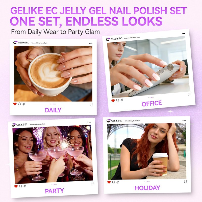 gelike ec Jelly Gel Nail Polish: 12 Colors Nail Gel Polish Set– HEMA Free Easy to Use & Quick Soak Off On Natural or Acrylic Nails – for Beginners & Young Women DIY Manicure Art at Home