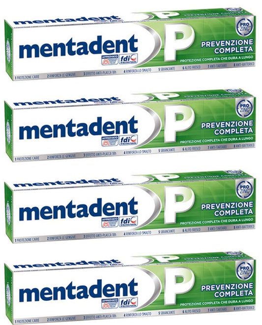 Mentadent P Toothpaste Prevention Complete 3.38 Fluid Ounce (100ml), Pack of 4