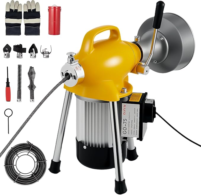 Portable Drain Cleaner Machine, Electric Sewer Snake Drain Auger with 66FT x 5/8" & 16FT x 3/8" Steel Cables and 7 Cutters, 500w Power Drain Cleaner Machine Auto Feed Pipe Snake for 3/4" to 4" Pipes