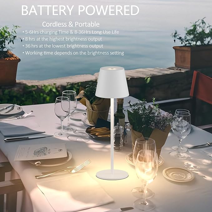 irotine 2-Pack White Cordless Table Lamp,Rechargeable LED Desk Lamp,5000mAh Battery Operated Lamp,3000K Warm Light Stepless Dimming,IP54 Waterproof Portable Table Light for Restaurant/Camping,White