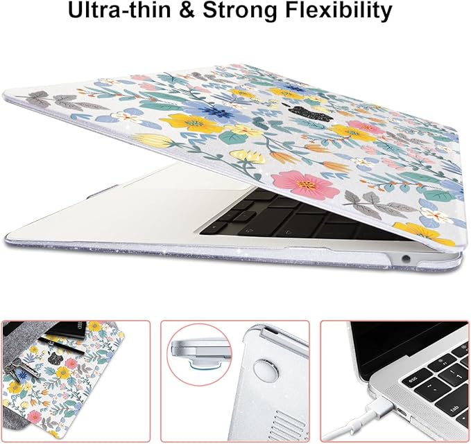 LCMOCICO for MacBook Pro 13-inch Case 2022 2021 2020-2016 Release M2 M1 Chip A2338 A2251 A2289 A2159 A1989 A1706, Shiny Clear Pattern Plastic Hard Shell Case Keyboard Cover Screen Film, Flowers L213