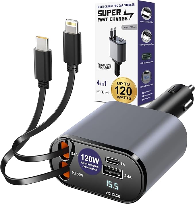 Ulti Charge iPhone Car Charger USB C Fast Charge Charging Retractable Car Charger Auto Adapter, Powerful 120W 4-Port USB-C & USB-A and Lightning iPhone, Samsung, Tablets USBC Charger Block