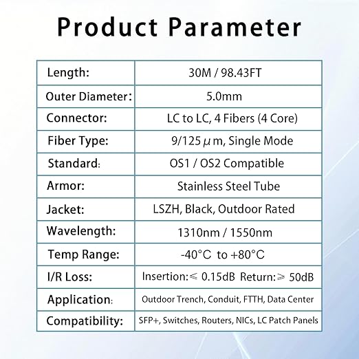 30M/98FT Outdoor Armored LC to LC Fiber Optic Cable, 4 Core OS2 Single Mode 9/125μm, Industrial TPU Jacket, OD 5mm, 4 Strands, SMF, Direct Burial, Heavy-Duty LC-LC Patch Cord for Harsh Environments