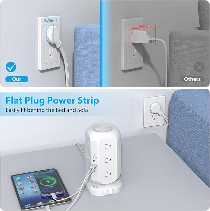 15 ft Long Extension Cord Power Strip Tower,AOFO Power Strip 12 AC Outlets 4 USB(1 USB C) Ports, Charging Tower Overload Protection with Multiple Outlets for Home Dorm Office