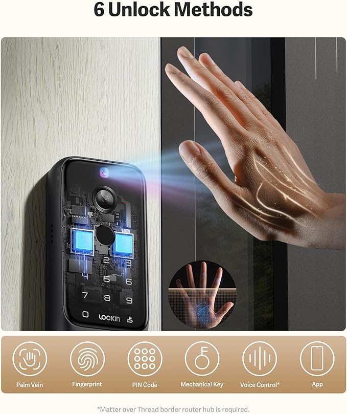 Lockin Venoris Plus - All-in-One Smart Lock for Front Door - Palm Vein & Fingerprint Keyless Entry - 2K 180° Ultra-Wide Camera, Night Vision, Built-in WiFi & 8GB Storage - No Monthly Fee