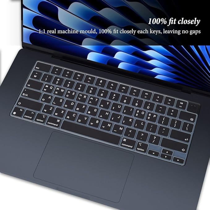 Korean Keyboard Cover for Apple 2026 2025 2024 2023 MacBook Air Laptop with M5 M4 M3 M2 chip 15.3-inch A3448 A3241 A3114 A2941,MacBook Air 13.6 inch A3449 A3240 A3113 A2681 Skin Protector-Black