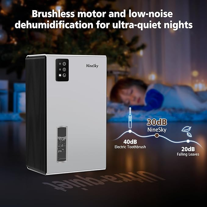NineSky Dehumidifier,98 OZ Dehumidifiers for Home,(1100 sq.ft) Dehumidifiers for Basement Bathroom Bedroom with Auto Shut Off, Switchable 7 Colors Light(Silver)