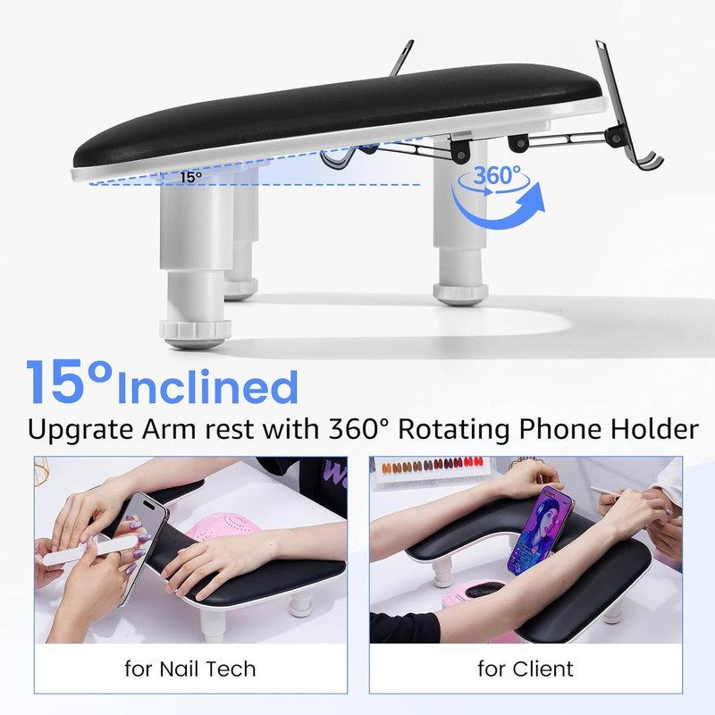 Manicure Nail Arm Rest - 3rd Gen Adjustable U-Shaped Hand Pillow with Rotating Phone Stand | Black