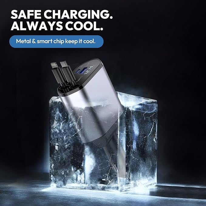 JPHASIC 120W Retractable Car Charger 4-in-1 USB-C & Lightning Cable – Fast Charging Adapter for iPhone 16/15/14, Samsung, Android | USB Type-C Port + LED Voltage Display | Multi-Device Car Charger
