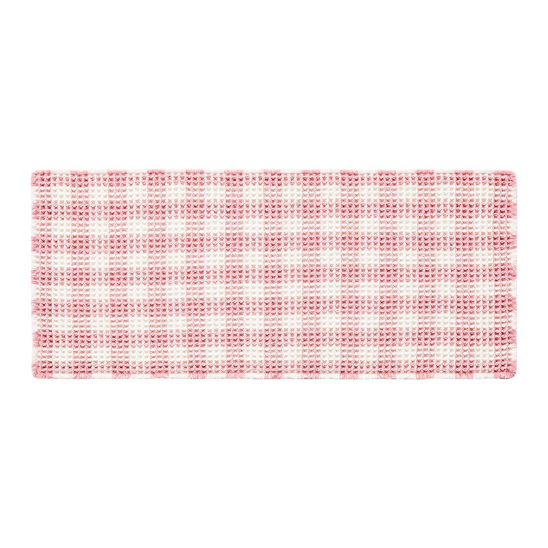 TYUU Waffle Runner Rug Bathroom, Long Boho Bathroom Rugs Non Slip Washable Absorbent Checkered Bathroom Mat Quick Dry Cute Bath Mat, 72"x24" Pink and White