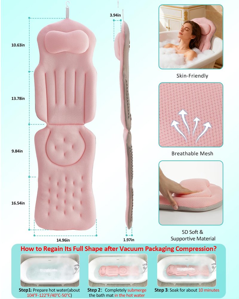 Full Body Bath Pillow for Bathtub, 5D Thick Tub Pillow for Bathtub with 192 Non-Slip Suction Cups, Laundry Bag & Hook, Bathtub Pillow for Head, Neck & Back Support (Pink, 51"*15")