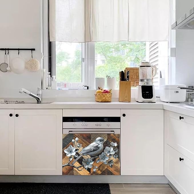 Stainless Steel Bird Flowers Dishwasher Magnet Cover for Home Appliances, Vintage Wood Grain Magnet Refrigerator Panel Decal, Silver Metal Bird Magnetic Dishwasher Sticker 23" W x 17" H