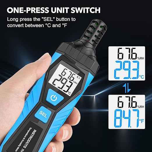 INSTRODOTS Temperature Humidity Meter - Handheld Thermometer Hygrometer with Ambient, Dew Point, Wet Bulb, High Precision Wet Bulb Thermometer, Dual Display Temperature & Humidity with LCD Backlight