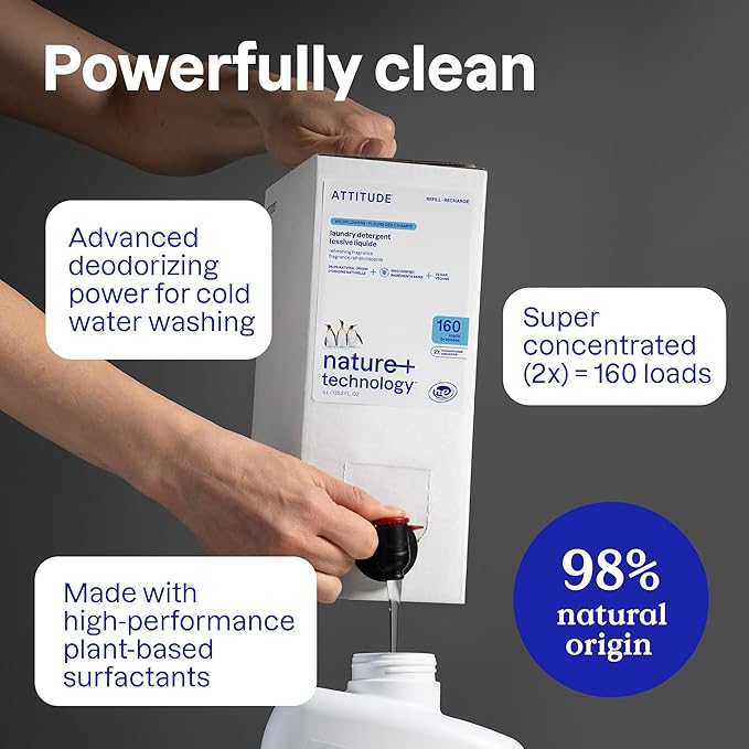 ATTITUDE Liquid Laundry Detergent Refill, EWG Verified, HE Compatible, Plant-Based & Vegan, Natural Laundry Soap, Wildflowers Scent, 160 Loads, 135.26 Fl Oz (Pack of 2)
