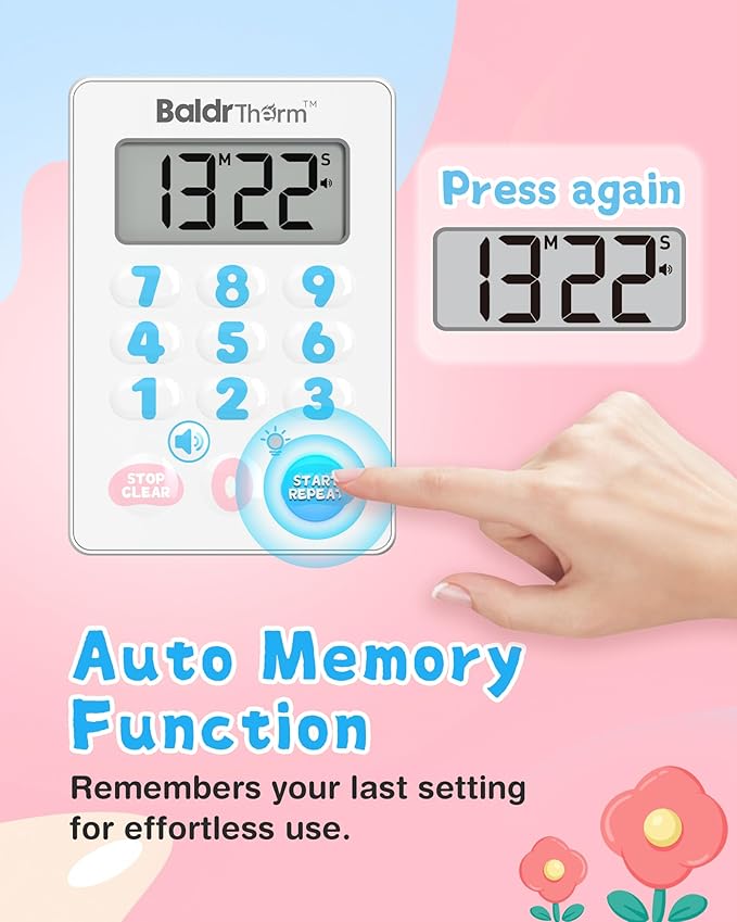 BaldrTherm Digital Kitchen Timer Waterproof, Strong Magnetic Cooking Timer with 3 Adjustable Volume Levels & Silent Flashing Light, Countdown Timer for Cooking, Baking Shower, Classroom, Cute