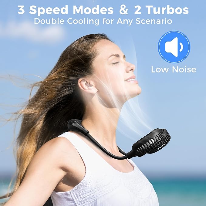 COMLIFE Portable Neck Fan, 2600mAh Battery Operated Ultra Quiet Hands Free USB Fan with Strong Wind, 360° Adjustable High Flexibility Wearable Personal Fan for Home Office Outdoor Travel (Black)