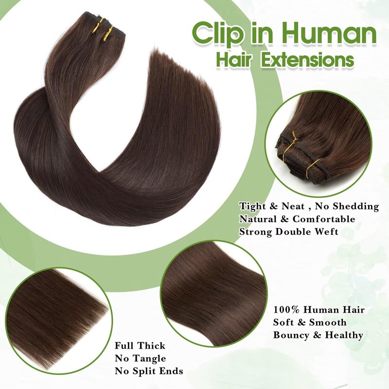 Dark Brown Clip in Hair Extensions Real Human Hair 16inch 8pcs/65g Lightweight Straight Remy Human Hair Clip in Extensions for Women Dark Brown Seamless Human Hair Extensions Clip ins Double Weft