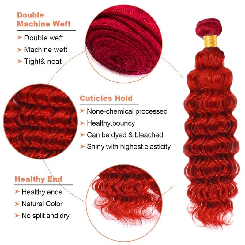 Red Human Hair Bundles Deep Wave 34 Inch Deep Single Bundle Human Hair Light Red Color Unprocessed Native Virgin Hair 100g Total Double Weft Crochet Human Hair Extensions for Women