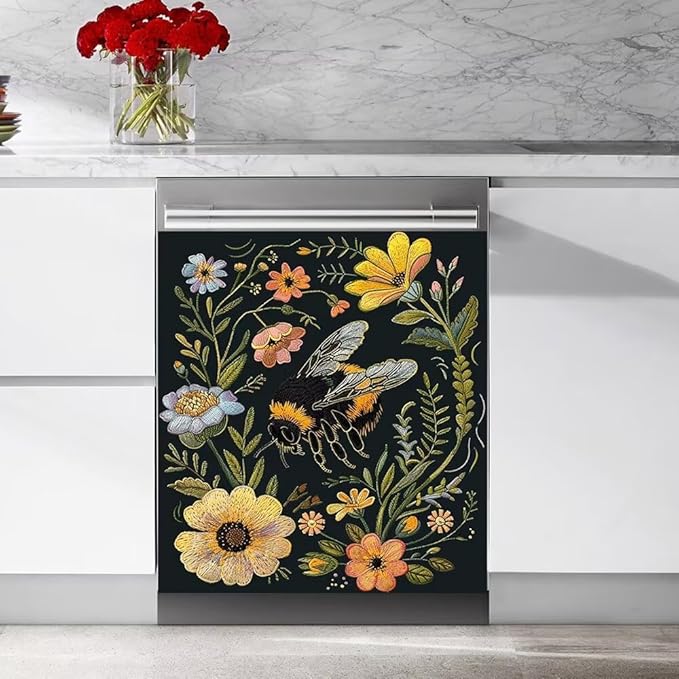 Flower and Bee Painting Dishwasher Magnet Cover Sticker,Refrigerator Magnet Cover Decal Fridge Magnetic Stickers Home Kitchen Decor,23W x 26H inchs
