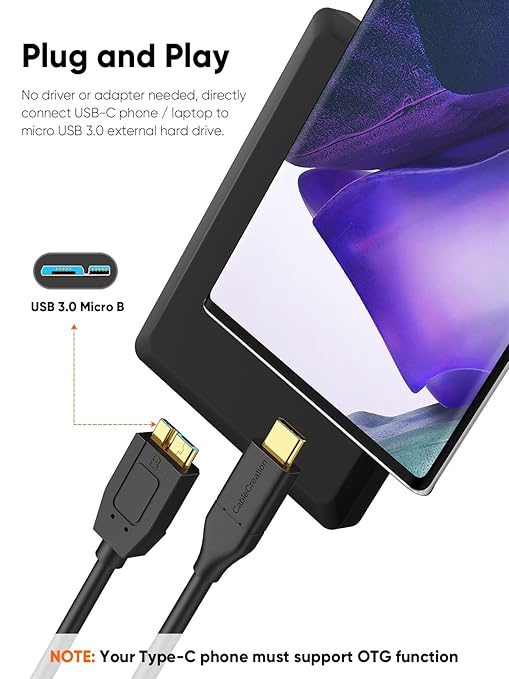 CableCreation USB C to Micro B Short Cable 1FT, 10G Micro B to USB C External Hard Drive Cable for iPhone 15/16/17,Samsung Galaxy S24,Seagate WD Westgate My Passport,MacBook Pro/Air, iPad/Tablet,Black