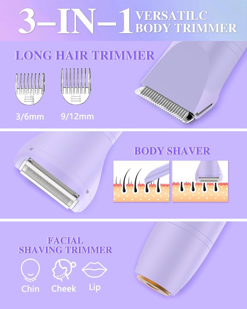 Bikini Trimmer for Women - 3-in-1 Electric Razor for Pubic & Body Hair | IPX6 Waterproof, Purple