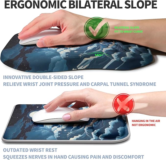 Gleamtide Ergonomic Raised Mouse Pad Wrist Support with Bilateral Slope Memory Foam Mousepad for Wrist Rest and Carpal Tunnel Pain Relief 11.8x7.9〃Indigo Fury Wave