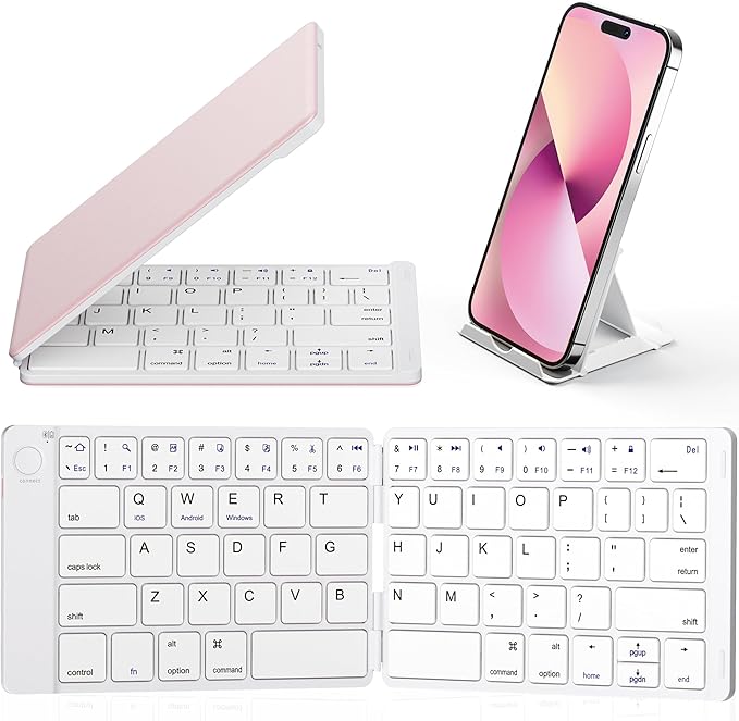 Samsers Foldable Bluetooth Keyboard - Portable Wireless Keyboard with Stand Holder, Rechargeable Full Size Ultra Slim Folding for iOS Android Windows Smartphone Tablet and Laptop, White Pink
