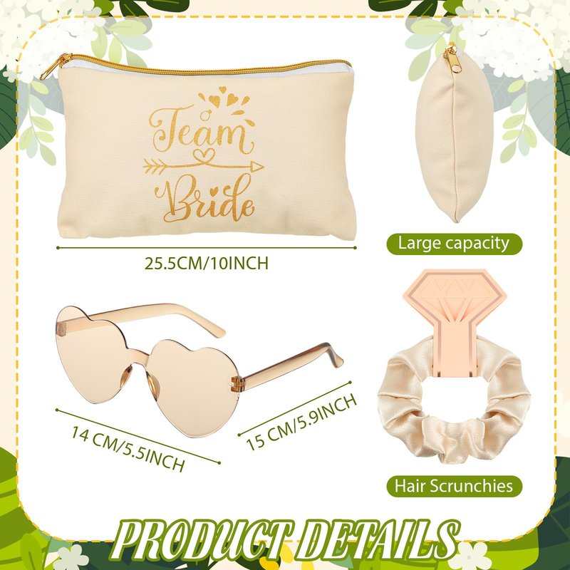 Sweetude 27 Pcs Bridesmaid Proposal Gift Bride Cosmetic Makeup Bags Bridal Hair Scrunchies Ties Heart Shape Sunglasses for Wedding Bachelorette Party Favor(Champagne, White)