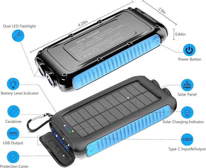 Kepswin Solar Power Bank 49800mAh Portable Solar Phone Charger with LED Flashlight/15W Fast Charge USB C Waterproof External Backup Battery Pack for All Cell Phones & Electronic Devices