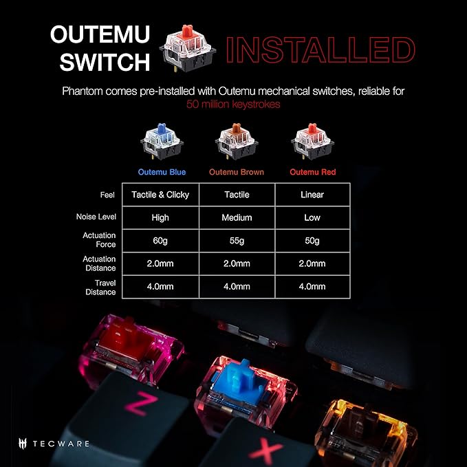 TECWARE Phantom 87 Key RGB Mechanical Gaming Keyboard | Outemu Red Switch | 16.8M Color LED Lighting | 18 Pre-Set | Low Latency | N-Key Rollover | Software Customizable Keys | Wired USB Connection