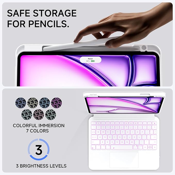 Tiaota Keyboard Case for iPad Air 13-inch (M2 & M3, 2024 & 2025) and iPad Pro 12.9-inch (3–6 Gen) with Multi-Touch Trackpad, 360° Rotating Stand, Portrait & Raised Modes, Detachable Cover – White