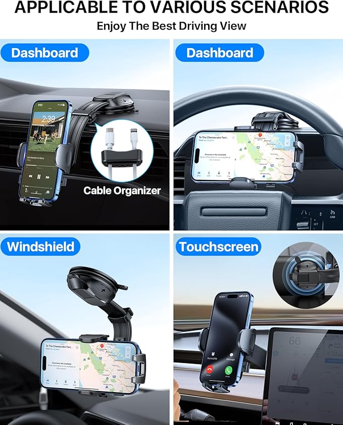 YRU 2026 Ultimate Car Phone Holder Mount Bendable & Adjustable Aluminum Arm Cell Phone Holder for Car Dashboard Windshield Phone Stand for iPhone 17 16 15 14 Pro Max Samsung Pickup Truck,Dark Silver
