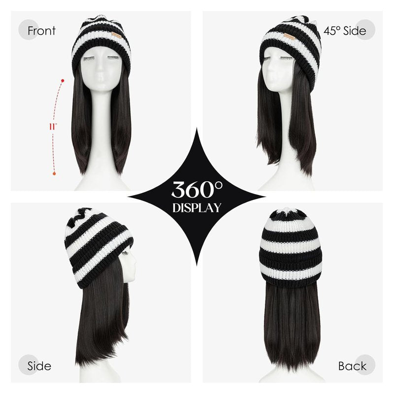 Beanie Wig Hat with Hair for Women - Warm Synthetic Knitted Pom Pom Slouchy Cable Knit | Medium Brown 11” 200g