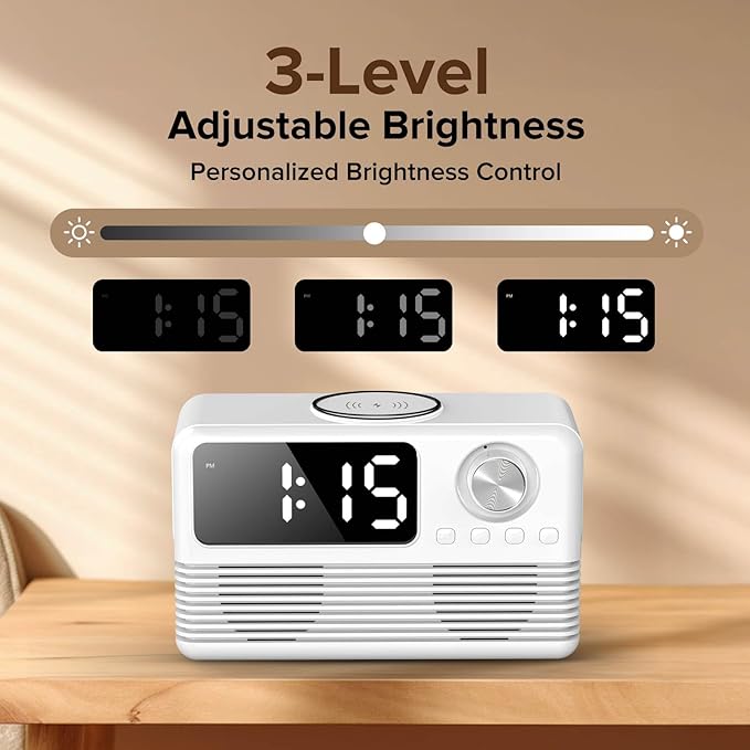 FlyShow 15W Fast Wireless Charger with Bluetooth Speaker and Alarm Clock Radio,4 in1 Wireless Charging Station for iPhone,Android Phones with FM Radio for Bedroom