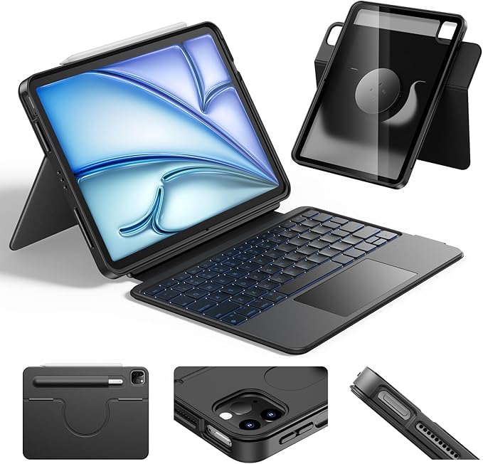 HOU Keyboard Case for iPad Air 13-inch M4/M3/M2 & iPad Pro 13-inch M5/M4 & Pro 12.9-inch, Detachable Keyboard, 360° Rotating Stand, Portrait & Landscape Mode, Multi-Touch Trackpad, Backlit Keys-Black