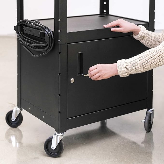 Leader Adjustable Height Rolling AV Cart, Mobile Workstation with Drop Leaf Shelves, Pullout Keyboard Tray, Locking Steel Cabinet, Power Strip for Classroom and Office Use (Black, 24-42 Inch)