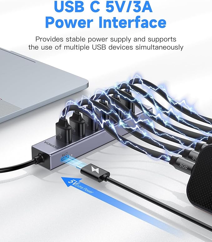 FORIDA Aluminum USB to Ethernet Adapter with 7-Port USB Hub – 3.9ft Long Cable, Gigabit Ethernet Port, 5V/3A Power Port | USB Extender Compatible with Windows, macOS, Linux & More