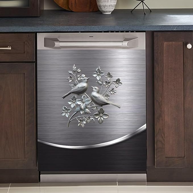 Grey Metal Silver Pattern Dishwasher Cover Sheet Magnetic Bird Flower Polishing Steelbird Dishwasher Skin Decor Silver Texture 23X17 INCH Magnet Rerigerator Wrap Kitchen Panel Full Decal