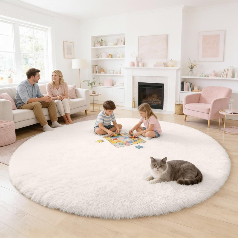 OLANLY Ivory Round Rugs for Bedroom - Machine Washable, 7 ft Circle Area Rugs for Living Room, Soft and Fluffy Shaggy Carpet for Teen Girls and Boys, Nursery Rooms, Dorms, Home Decor Aesthetic