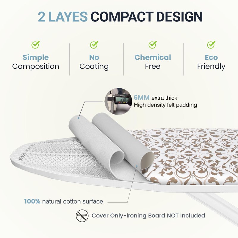UniSimp Ironing Board Cover and Pad 18"x49" Extra Thick Natural Cotton, Scorch and Stain Resistant Iron Board Cover,Wide Ironing Board Cover with Fasteners Heavy Duty Heatproof Elastic Edge Taupe
