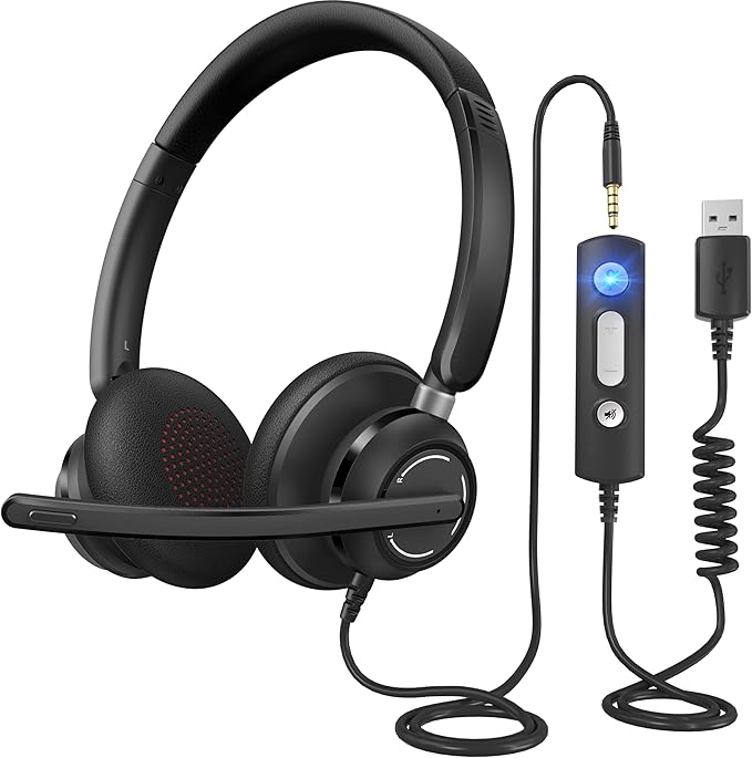 JabNecter Wired Headphones with Microphone for PC, On-Ear Computer Laptop USB Headset with Noise Cancelling Microphone in-line Control for Home Office Online Class Skype Zoom, (3.5mm + USB)