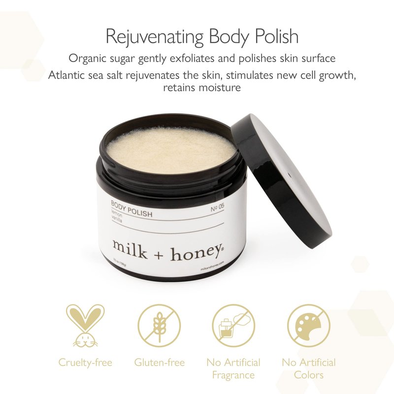 milk + honey Exfoliating Body Scrub No. 5 – Natural Sea Salt & Sugar Polish with Coconut, Lemon & Vanilla – Gentle Scrub for Sensitive Skin, Women & Men – 7 oz