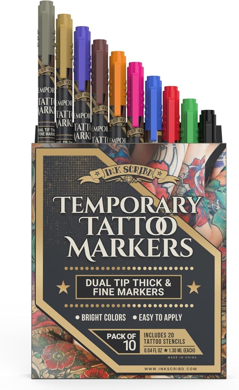 Tattoo Pen Kit for Skin â 10 Temporary Tattoo Markers with Dual Tips & 20 Stencils, Body-Safe Ink for Face, Hands & Arms â Fun Body Art Pens for Kids, Teens, Parties, Festivals & Costume Design