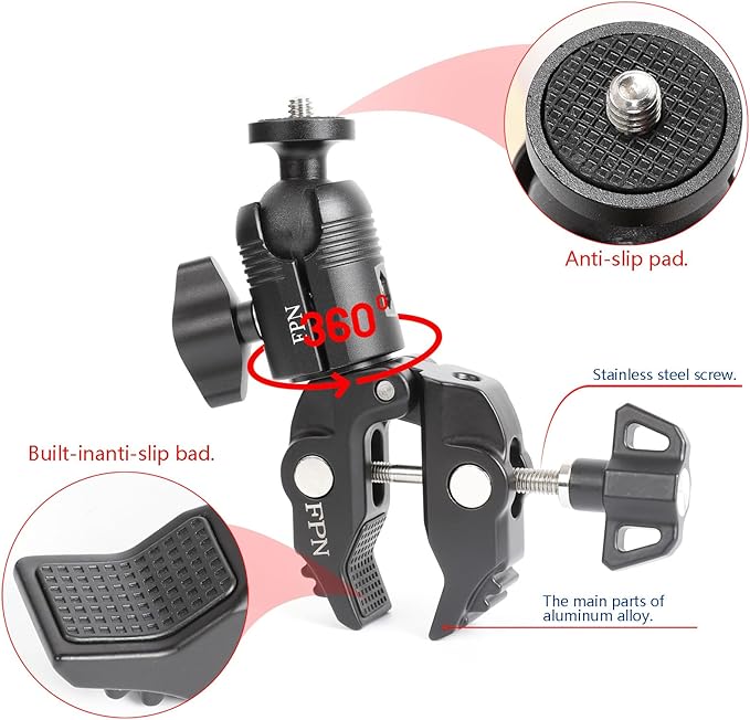 FPN Aluminum Alloy Super Clamp Camera Mount with 360° Ball Head for Bike/Motorcycle Handlebar Pole Tripod Rod 0.5-2.0" Diameter, Compatible with GoPro, Insta360 X5 X4, DJI Osmo Action 5 Pro, Pocket 3