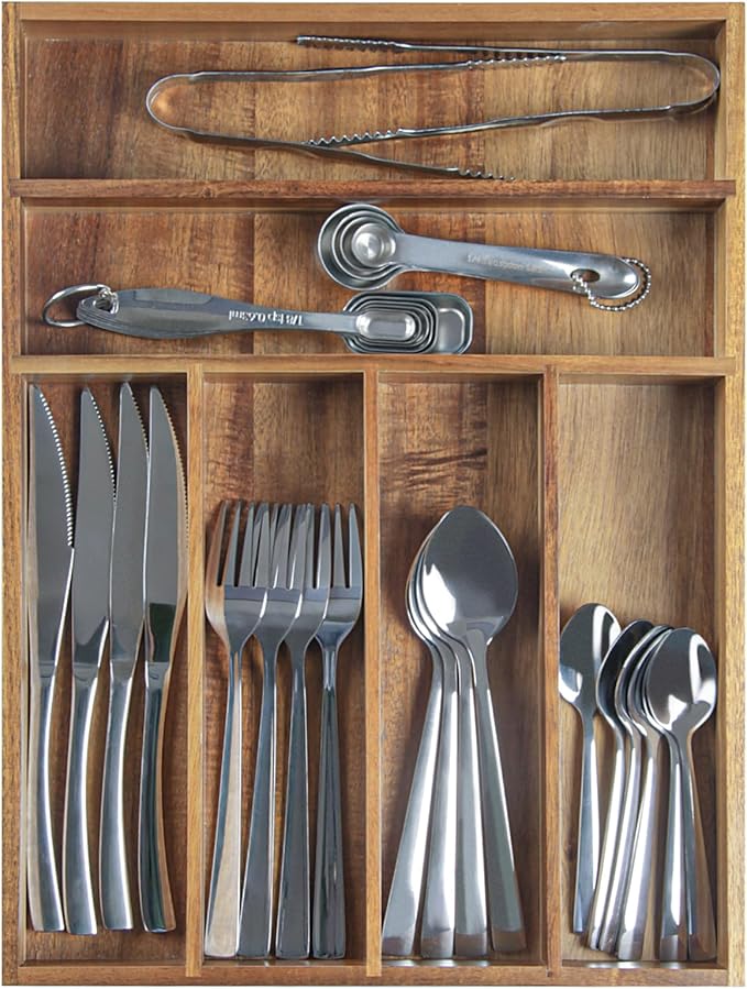 Acacia Wood Silverware Organizer, Kitchen Utensil Drawer Organizer for Forks, Knives & Spoons, 6-Compartment Cutlery Tray, Flatware Holder