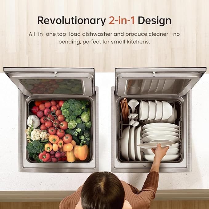 FOTILE 2-in-1 Top Load Dishwasher, 21" Compact Design with HydroJet Technology, Energy Efficient 15-Min Fast Wash with Produce Wash, Stainless Steel Tub, Odor-Free Storage, and Child Lock