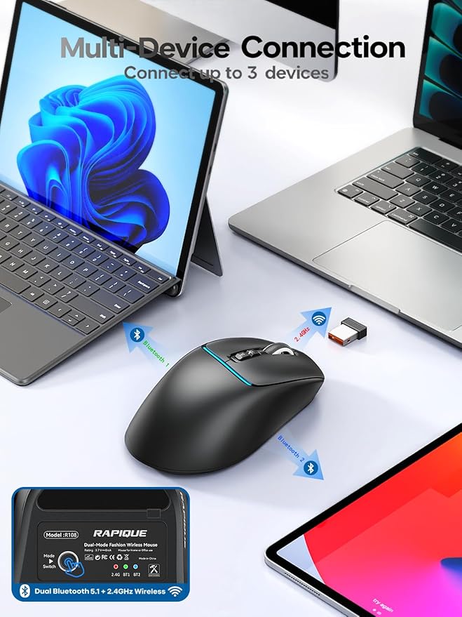 RAPIQUE Bluetooth Wireless Mouse, Dual Bluetooth + 2.4G, Connect Up to 3 Devices, USB-C Rechargeable, Quiet Click, 4 DPI Levels up to 3200, Ergonomic Right-Hand Design for PC, MacBook, Laptop - Black
