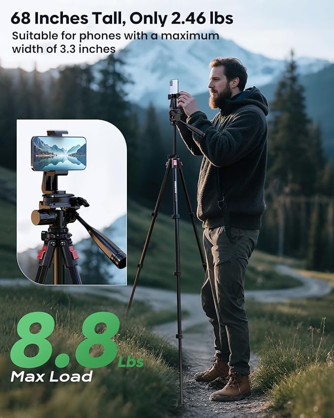 JOBFRI 68" Lightweight Camera Tripod Stand, Compact Portable Travel Aluminum Tripod for DSLR/SLR, Compatible with Canon/Nikon/Phone (Supports 8.8 lbs, Weighs 2.46 lbs) Black