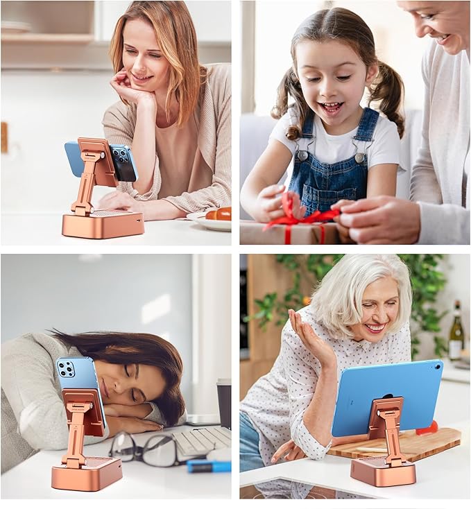 Joymate Gifts for Women Girls, Phone Stand with Bluetooth Speaker 360° Rotable Angle Adjustable Cell Phone Holder for Desk with HD Subwoofer Sound Fits All Phones,Tablets (Rose Gold)